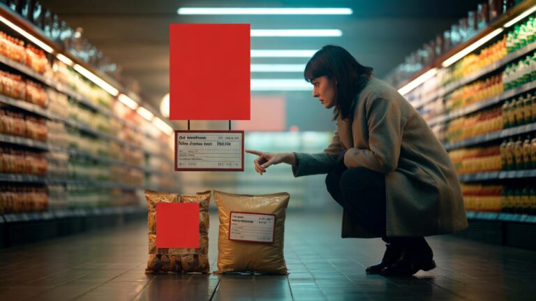 Illustration of a shopper comparing unit prices on supermarket shelf labels and ignoring flashy sale signs to make smarter purchases