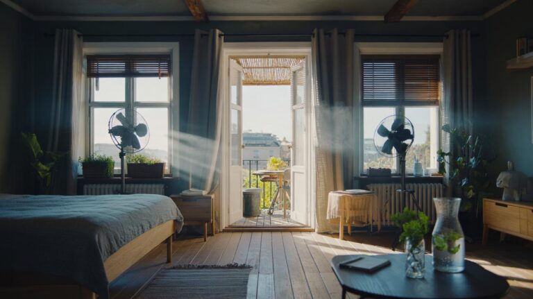 Illustration of the Swedish method to keep cool without air conditioning at home, with shaded windows, cross-ventilation, and breathable linen textiles.