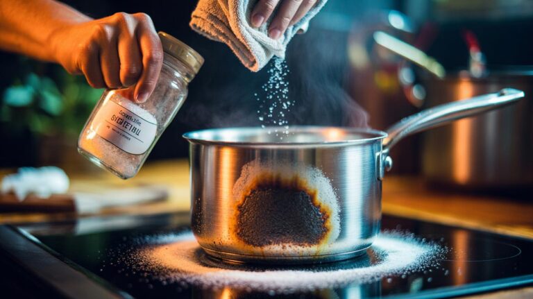 Illustration of table salt granules scrubbing burnt-on residue from a stainless-steel pan