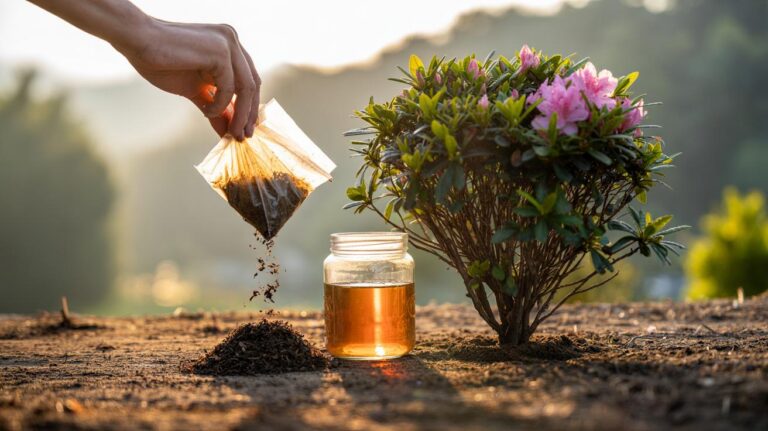 Illustration of a gardener sprinkling spent tea leaves around plant roots to enhance growth through tannins