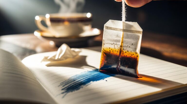 Illustration of a damp black tea bag blotting pen ink from a sheet of paper