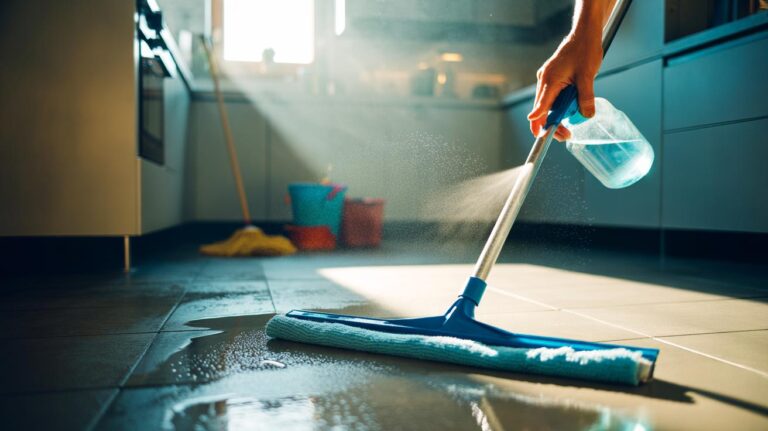 Illustration of the spray-and-squeegee microfibre method cleaning a hard floor with a light mist, using a squeegee wrapped in a microfibre cloth and no bucket