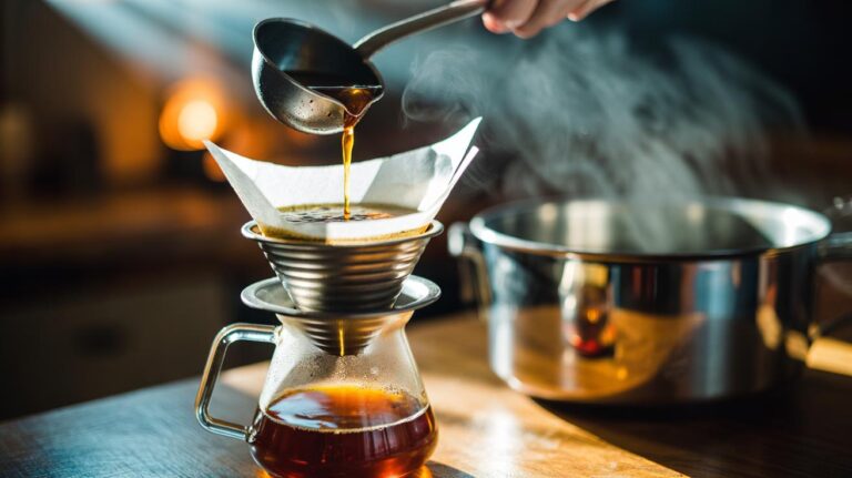 Illustration of warm homemade stock being poured through a paper coffee filter set in a funnel over a jug, trapping fat and fine particles to produce a crystal-clear broth