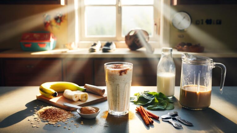 Illustration of a caffeine-free oat and banana morning shake with milk or fortified plant milk, nut or seed butter, spinach, and cinnamon on a family kitchen counter
