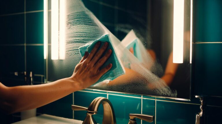 Illustration of a hand using a dryer sheet to clean a bathroom mirror without smears