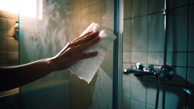 Illustration of a hand using a dryer sheet to wipe soap scum from a shower glass door without scrubbing