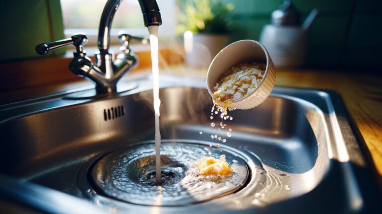 Illustration of crushed eggshell grit being flushed with hot water through a kitchen sink drain to loosen minor clogs