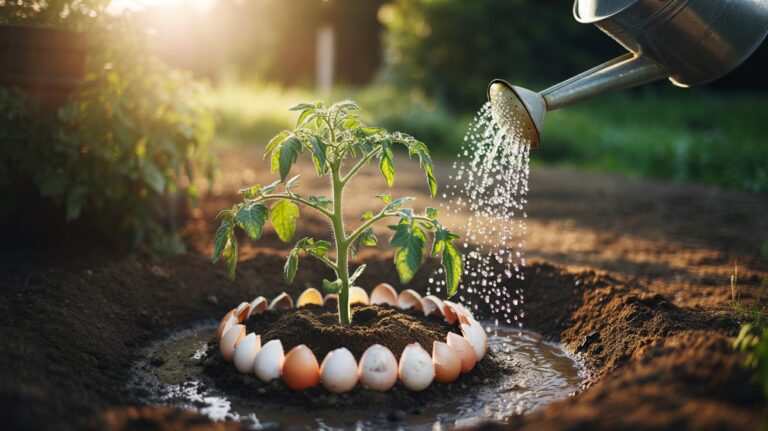 Illustration of crushed eggshells used as mulch on garden soil to slow evaporation and nourish plant roots