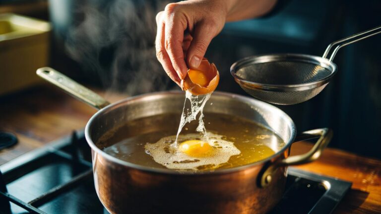 Illustration of crushed eggshells with membranes clarifying a cloudy chicken broth by trapping impurities