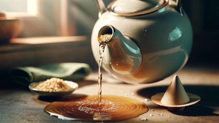 Illustration of crushed eggshell calcite scouring stains from a ceramic teapot spout