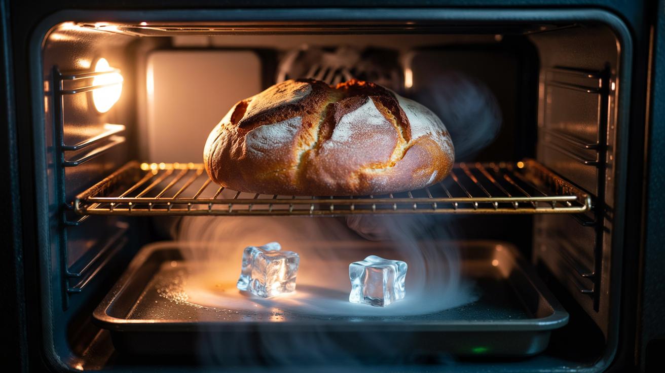 Illustration of ice cubes flashing to steam on a preheated tray beneath a loaf to revive stale bread