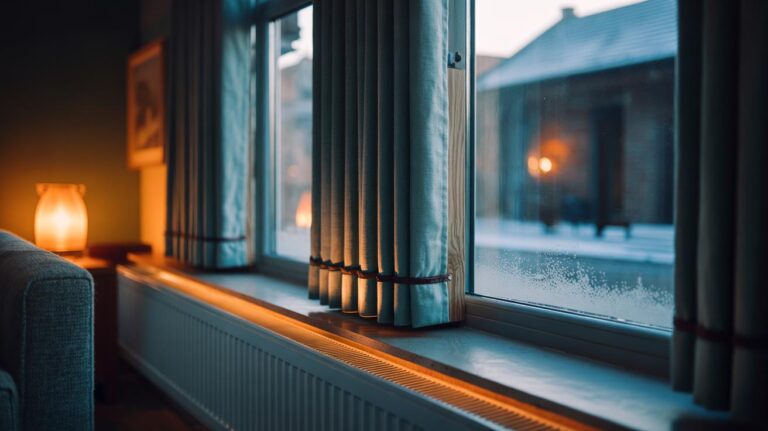 Illustration of sealed thermal curtains with pelmet, side seals, and weighted hem reducing window draughts and heat loss to cut heating bills