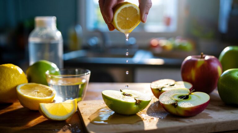 Illustration of lemon juice being drizzled over freshly cut apple slices to prevent browning, showing vitamin C blocking oxidation on contact