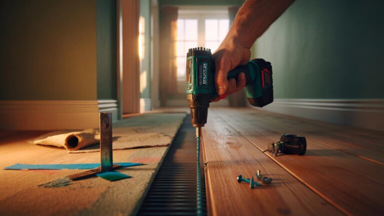 Illustration of the low-cost screw-and-glue method to silence creaky wooden floors