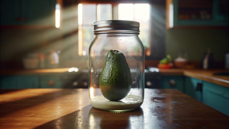 Illustration of an unripe avocado sealed inside a clean mayonnaise jar to trap ethylene for overnight ripening without bruising