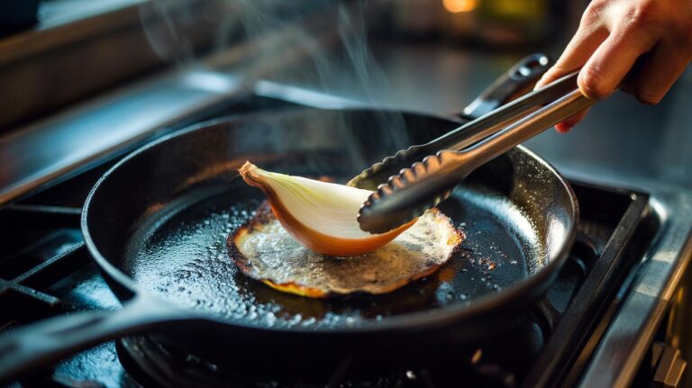 Illustration of an onion slice cleaning burnt residue from a cast-iron pan using natural sulphur, without scrubbing