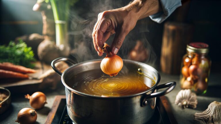 Illustration of onion skins being simmered in a stockpot to infuse soup with nutrients, colour, and rich flavour