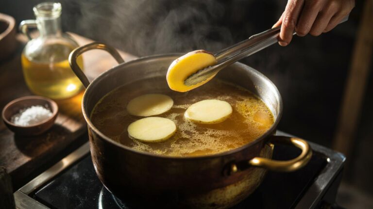 Illustration of potato slices simmering in oversalted soup to absorb salty broth through starch