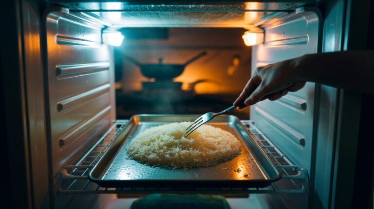 Illustration of cooked rice spread in a single, thin layer on a sheet pan in a refrigerator, drying overnight for better fried rice