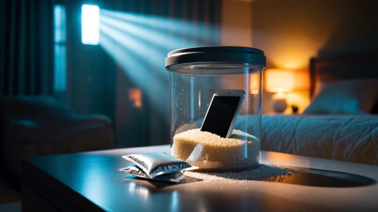 Illustration of a powered-off smartphone buried in rice inside a sealed container for overnight drying.