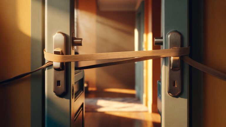 Illustration of a door with a rubber band looped around both handles, crossing the latch side to absorb impact and prevent slamming