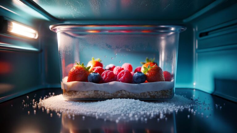 Illustration of coarse salt layered under a paper liner in a fridge container, creating a dry microclimate that keeps stored berries from going mouldy