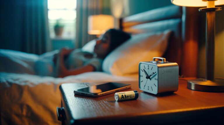 Illustration of a smartphone alarm and a battery-powered travel clock side by side on a bedside table to ensure a reliable wake-up
