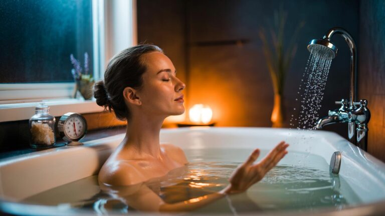 Illustration of a person taking a 38–40°C warm bath for 10–15 minutes, practicing slow breathing, with an optional brief cool rinse to relieve stress