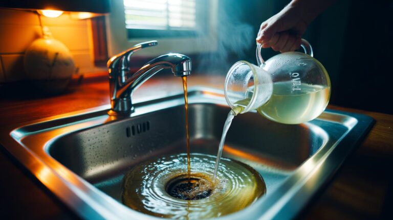 Illustration of strong tea from a tea bag and white vinegar being poured into a kitchen sink drain to clear a clog overnight