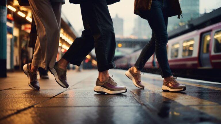 Illustration of UK commuters walking in fit-first, all-day comfortable shoes with wide toe boxes, mild rocker soles, and supportive midsoles