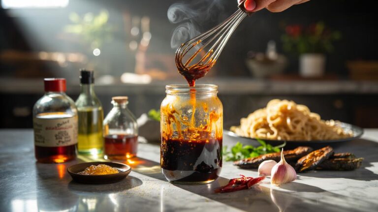 Illustration of a glass jar of six-ingredient umami sauce being whisked, with soy sauce, apple cider vinegar, honey, sesame oil, garlic, and chilli flakes arranged around it