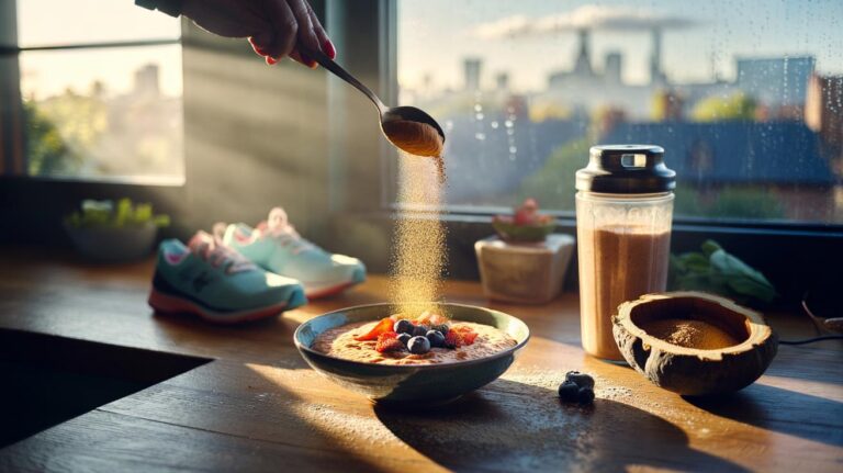 Illustration of baobab fruit powder being stirred into porridge as part of a UK weight-loss routine