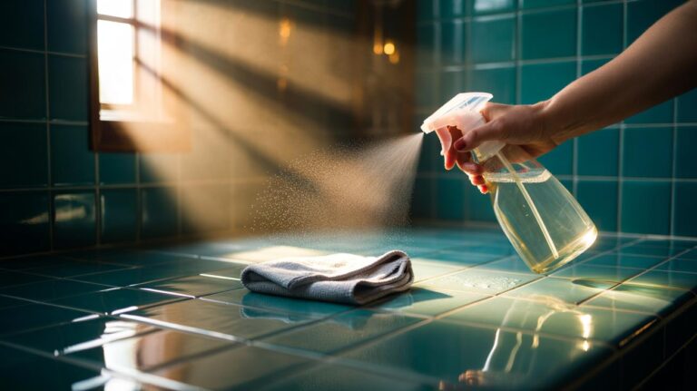 Illustration of a hand misting a bathroom mirror with diluted white vinegar and wiping it with a microfiber cloth for a streak-free shine
