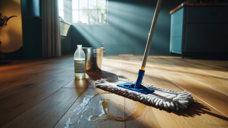 Illustration of a microfibre mop cleaning a sealed wooden floor using a diluted white vinegar solution to prevent streaks, with a bucket and vinegar bottle visible