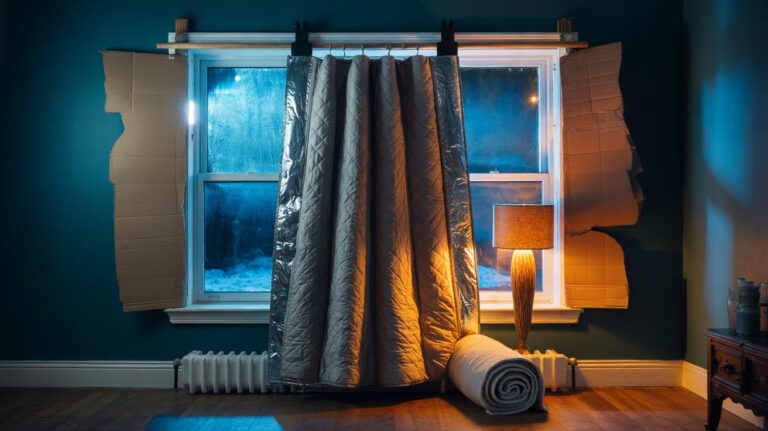 Illustration of a DIY zero-cost thermal curtain made from a duvet and reflective foil, clipped above a window with cardboard side wings and a towel draught stopper sealing the floor