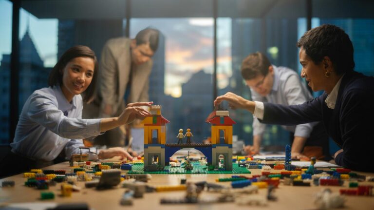 Illustration of office colleagues building LEGO Serious Play models during a team-building workshop