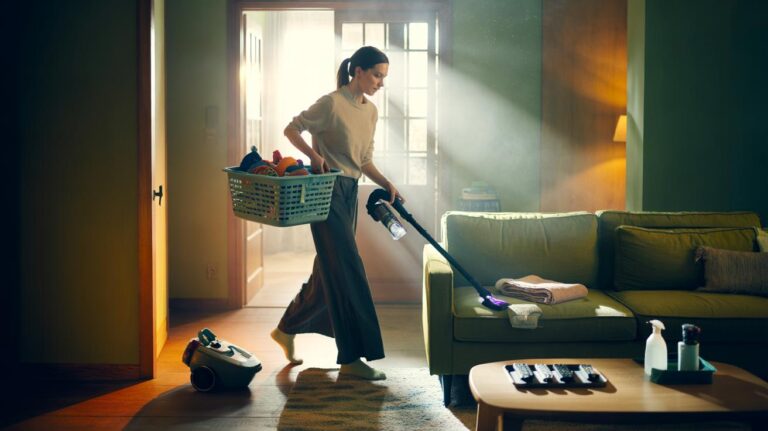 Illustration of a mother doing a 10-minute living room reset, using a basket and cordless vacuum to clear surfaces, fluff cushions, and tidy the main walkway