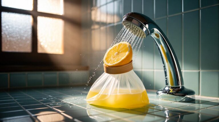 Illustration of a lemon half secured over a shower head with a small plastic bag and rubber band to dissolve limescale in five minutes