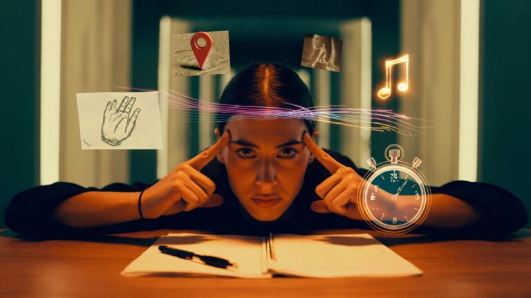 Illustration of [memory anchoring techniques pairing facts with locations, images, gestures, and sound cues to double recall speed]