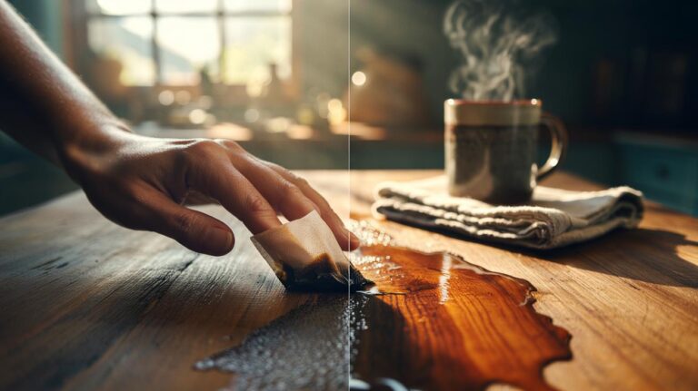 Illustration of a used tea bag being wiped across a wooden surface to revive its natural shine