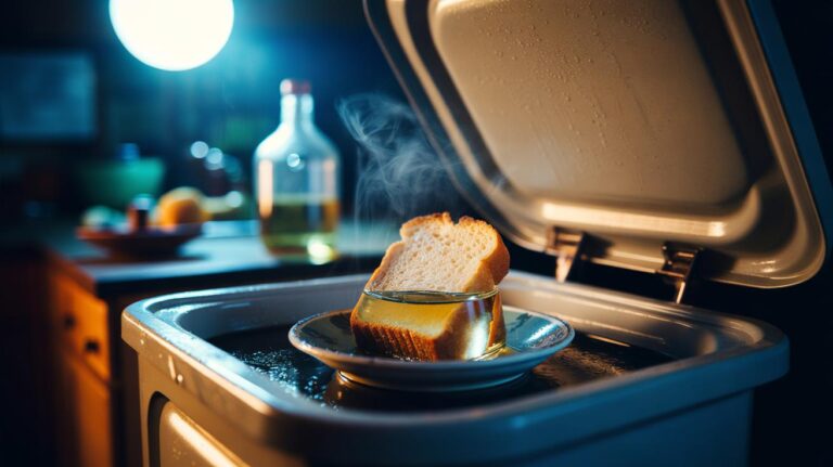 Illustration of a slice of bread soaked in vinegar on a small dish placed inside a kitchen bin to neutralize odours overnight
