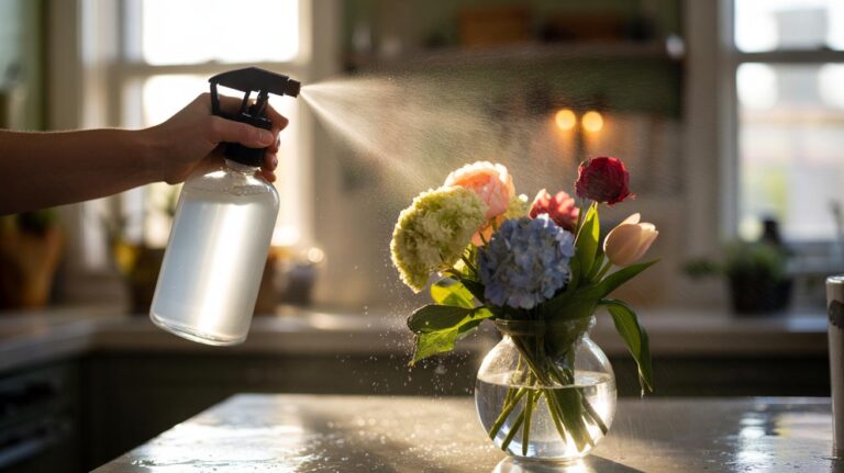 Illustration of a hand-held spray bottle misting diluted white vinegar over a wilted bouquet to refresh the blooms