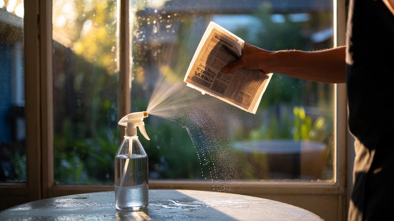 Illustration of cleaning a window with white vinegar and a sheet of newspaper to lift grime and leave the glass streak-free and clear