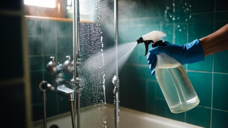 Illustration of a hand spraying white vinegar onto a glass shower door coated in soap scum, with the acidity dissolving the mineral build-up in minutes