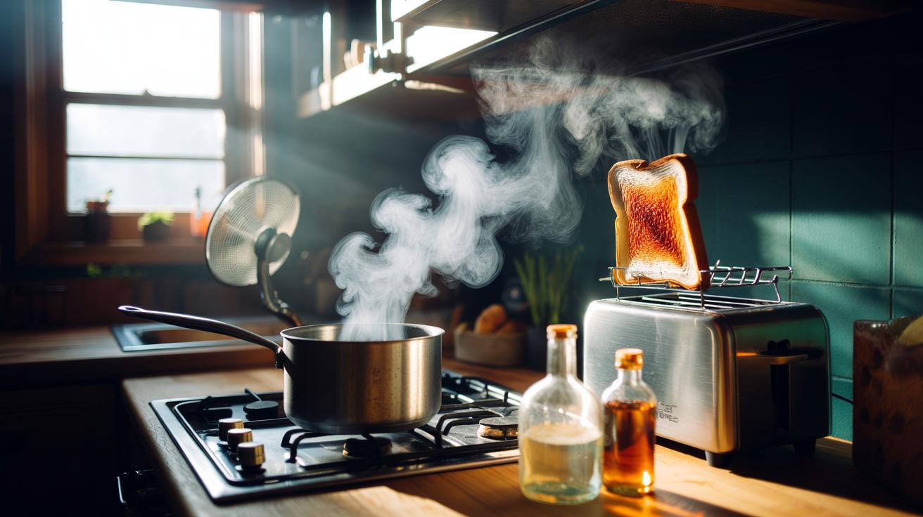 Illustration of vinegar vapour haze neutralizing burnt toast odour in a kitchen