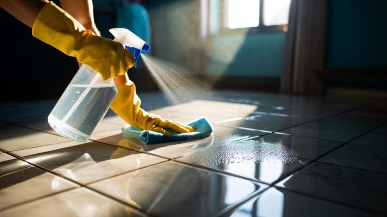 Illustration of a hand using a microfibre cloth and a spray bottle of diluted white vinegar to clean dull ceramic tiles for a streak-free shine