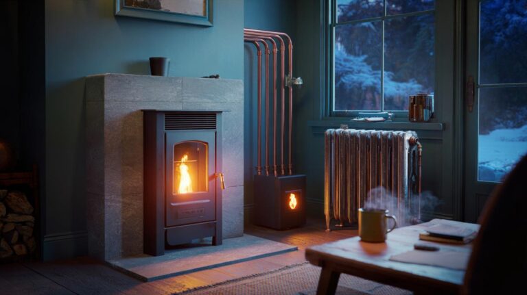 Illustration of a modern UK home heated in winter by a non-electric system using a gravity-fed pellet stove, thermosyphon radiators, and thermal mass