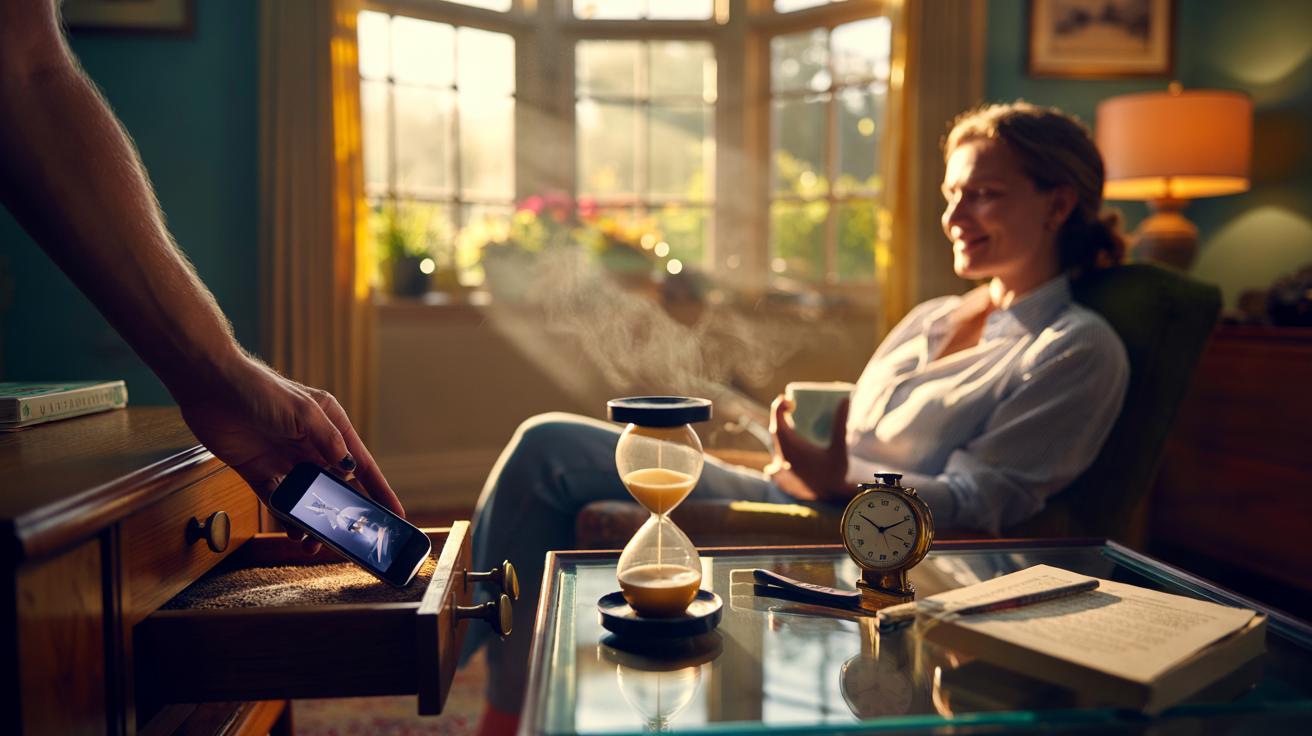 Illustration of spending one hour without a phone each day to boost happiness