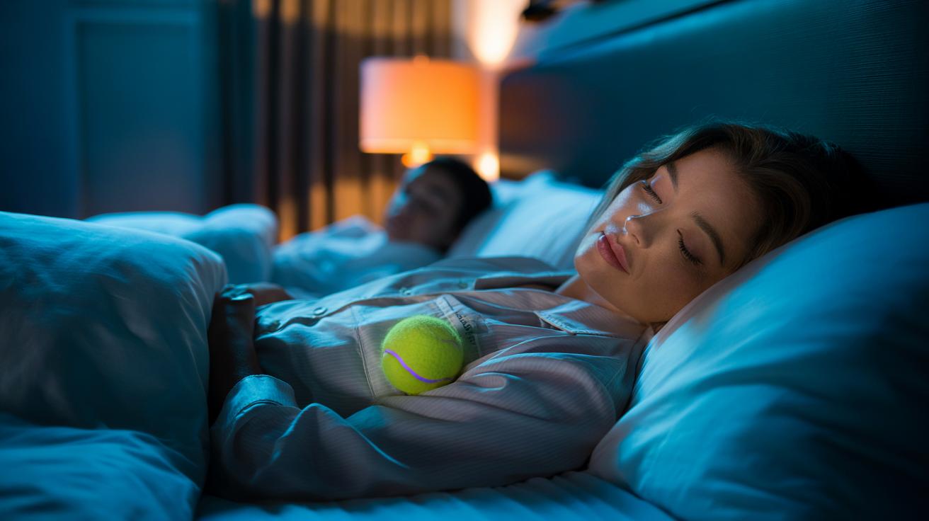 Illustration of a tennis ball attached to the back of a pyjama top to discourage back sleeping