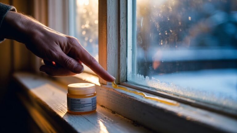 Illustration of [a homeowner’s hand applying petroleum jelly along the window frame’s contact points to seal a draughty sash without tools]